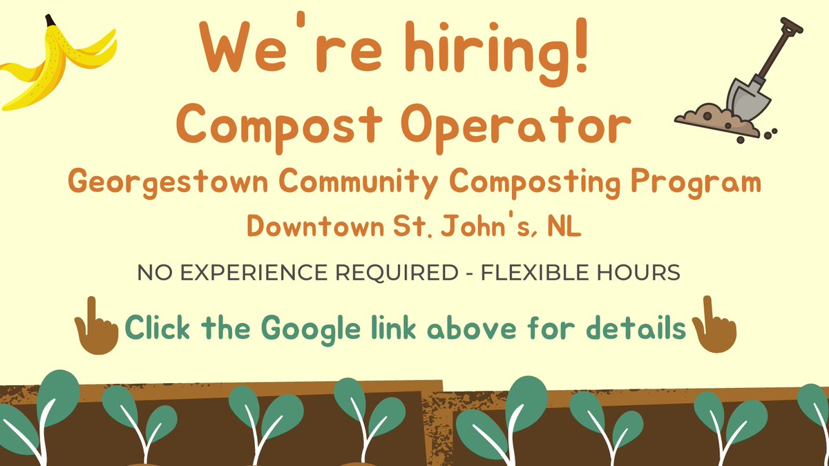 Planeet_ZW_NL's tweet photo. We're hiring! Georgestown Community Composting Program is looking for a Composter Operator. No experience required. Flexible hours. Click here for more information @SJCNL709 @mmsbnl @StellasCircle @NLZeroWaste @foodfirstNL 
https://t.co/L6N7FQTV0E https://t.co/60CF1HfxpC