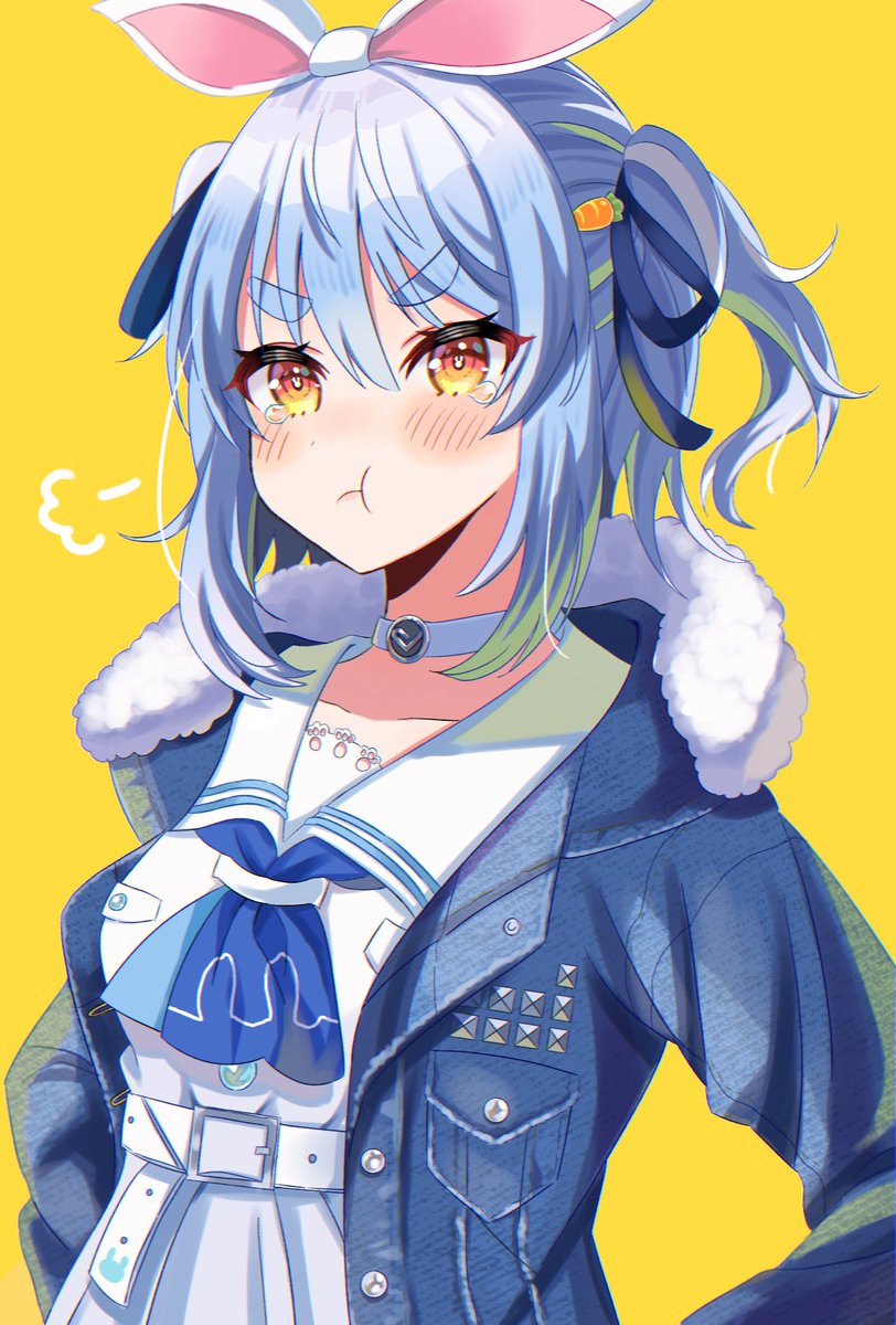usada pekora 1girl solo pout blue hair jacket yellow background carrot hair ornament  illustration images