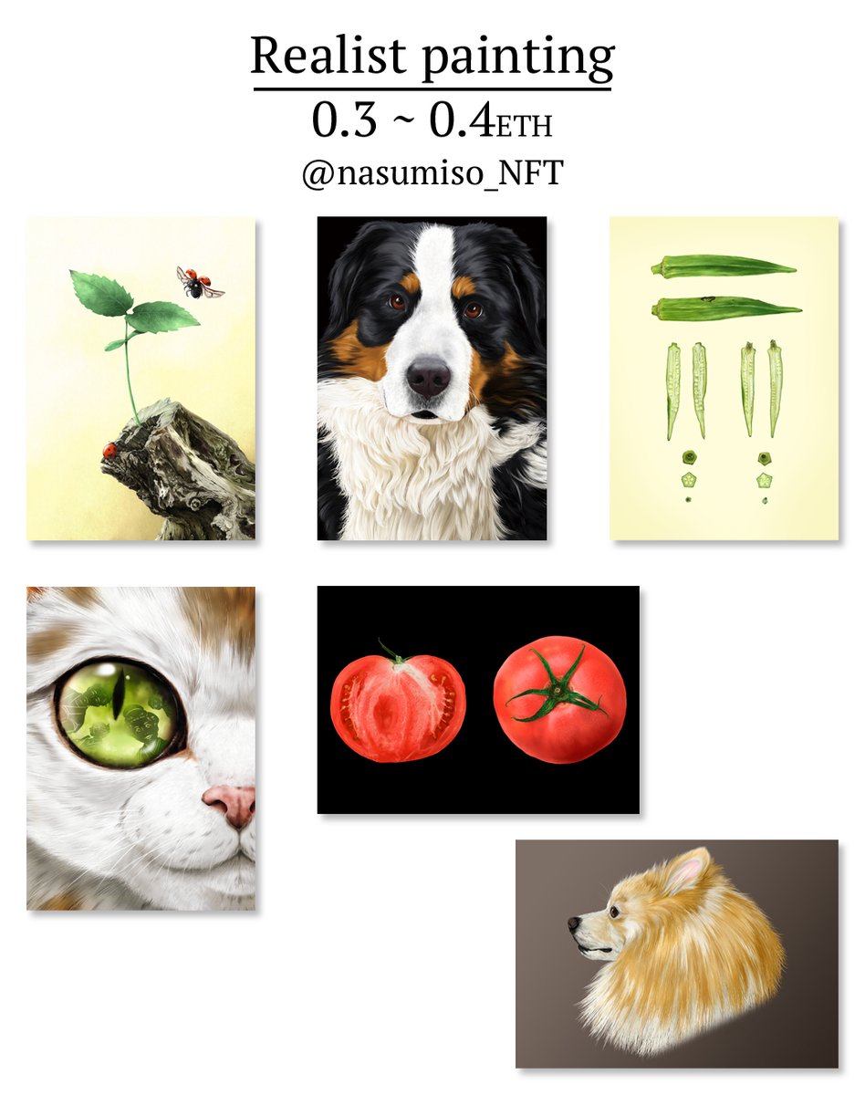 コレクションページを見に来てください‼️
「Favorite❤️」もしていただければ嬉しいです！

NFTアート(OpenSea)
🐶Lovable doggies
opensea.io/collection/lov…
世界のワンコをかわいく描きました

🍅Realist painting
opensea.io/collection/rea…
リアルタッチで動物や植物を描いてます

#NFT
#NFTJPN