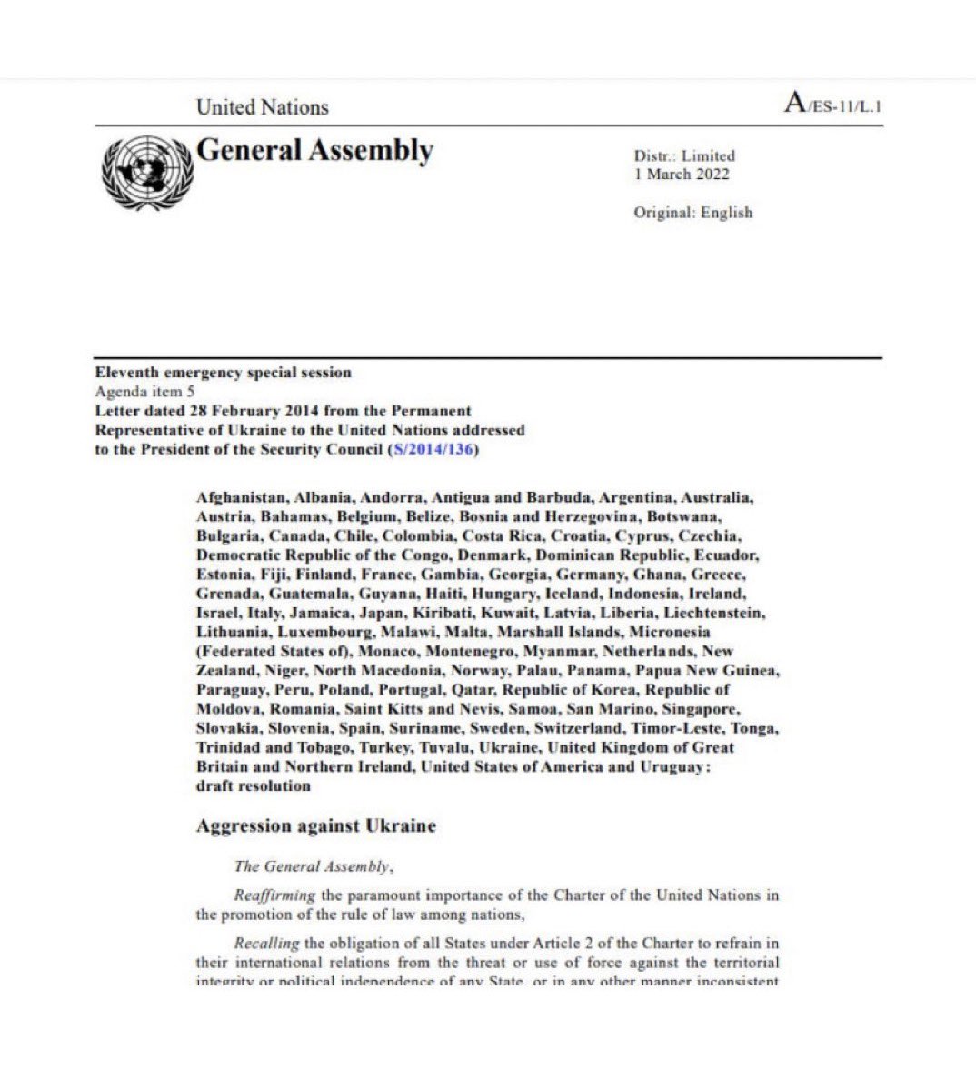 Martin Bille Hermann (@billehermann) on Twitter photo The resolution is put forward by almost half the members of the <a href="/UN/">United Nations</a> from all corners of the world. It is a message to #Ukraine 🇺🇦: ‘You are not alone.’ And it is a message to #Russia 🇷🇺: ‘Might is not right!’.
We #StandWithUkraine.
Russia must #StopWarInUkraine The resolution is put forward by almost half the members of the <a href="/UN/">United Nations</a> from all corners of the world. It is a message to #Ukraine 🇺🇦: ‘You are not alone.’ And it is a message to #Russia 🇷🇺: ‘Might is not right!’.
We #StandWithUkraine.
Russia must #StopWarInUkraine