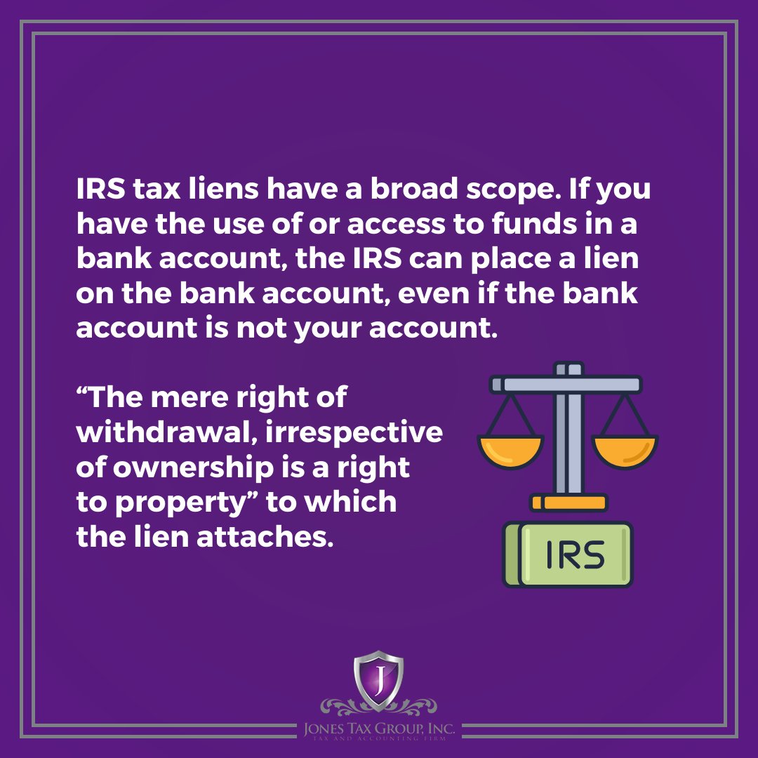 JonesTaxGroup_'s tweet photo. IRS tax liens have a broad scope. If you have the use of or access to funds in a bank account, the IRS can place a lien on the bank account, even if the bank account is not your account. 
Schedule a tax assessment today - https://t.co/bvuGFW8R36
#taxationservice #taxconsultation https://t.co/0qjlsSvHNV