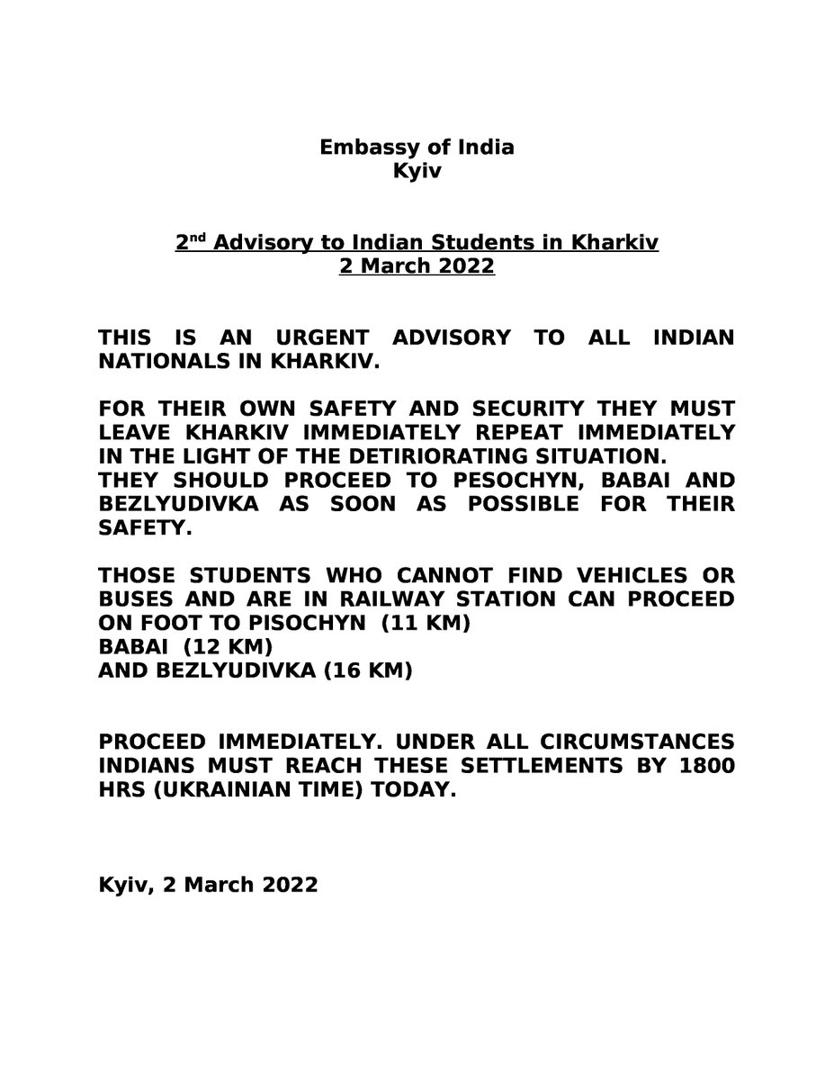 2nd Advisory to Indian Students in Kharkiv 2 March 2022. @MEAIndia @PIB_India @DDNewslive @DDNational