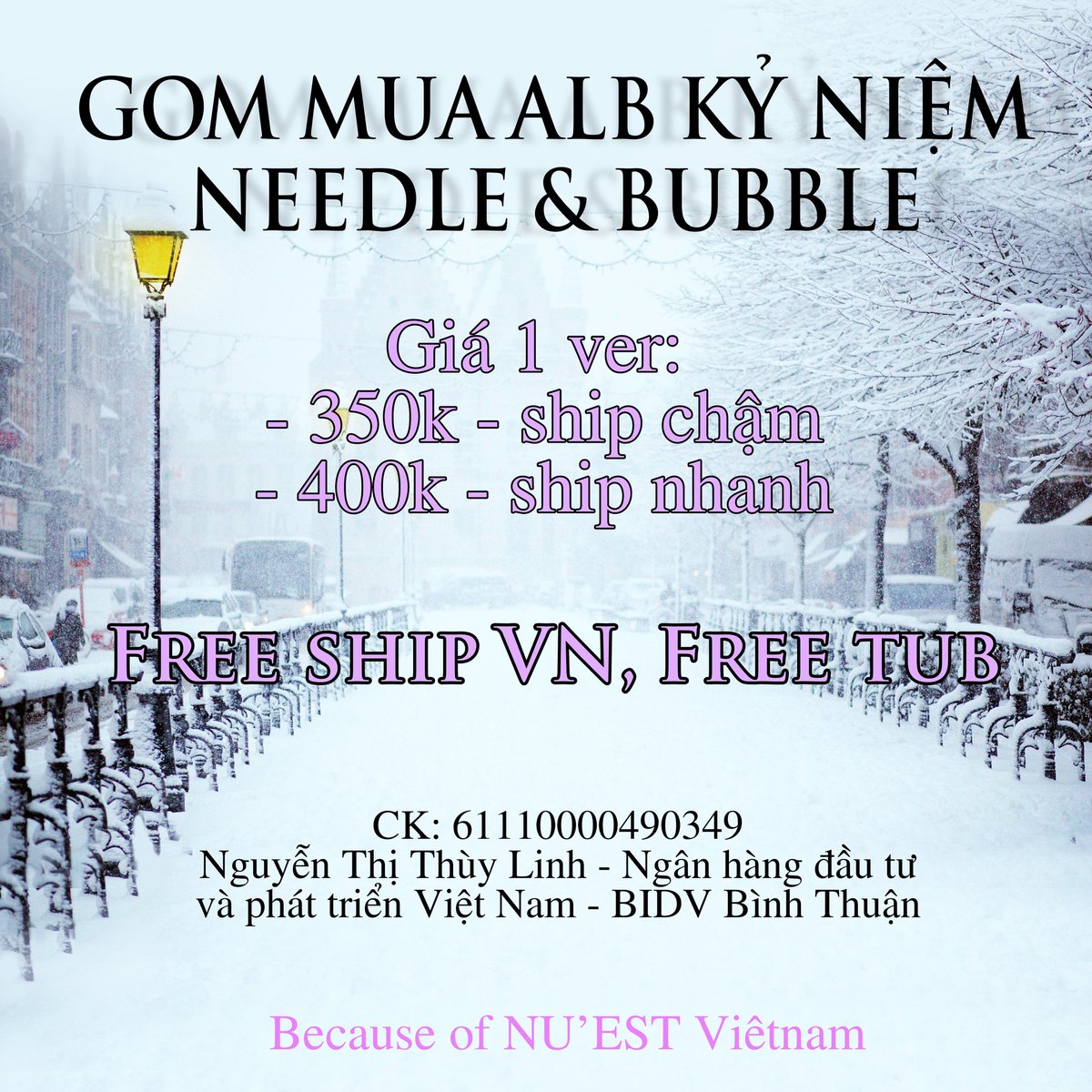 BON5VN2's tweet photo. NU'EST The Best Album 'Needle &amp; Bubble'
For LOVE VIETNAM
------
THÔNG BÁO ĐĂNG KÝ  The Best Album Needle &amp; Bubble
-----------------
- Giá: 
350k/1 album SHIP CHẬM.
400K/1 ALB SHIP NHANH.
Free ship VN, free tub.
#NUEST_JR_아론_백호_민현_렌
#뉴이스트 #NUEST #Needle_n_Bubble https://t.co/zrh4yTpw7d