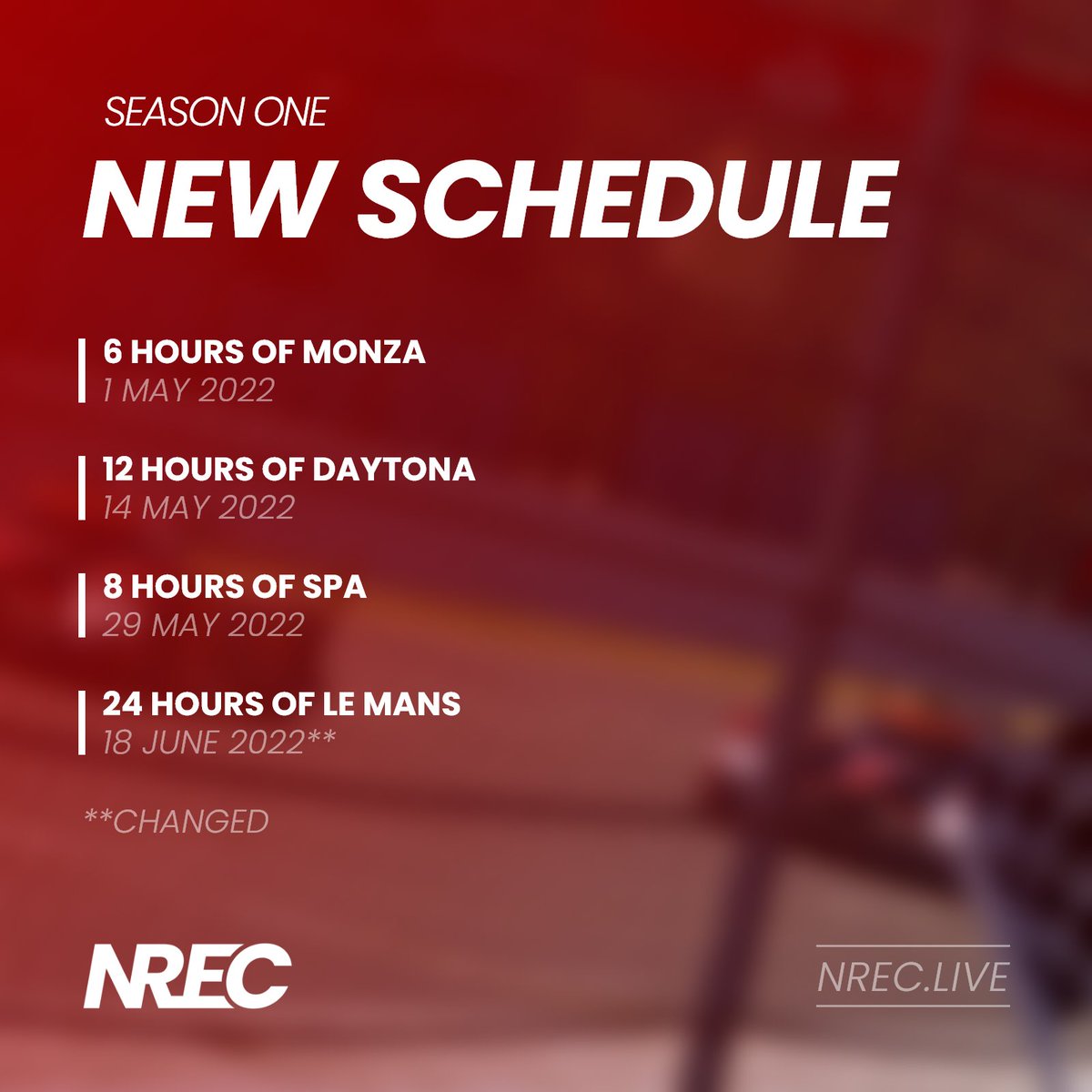 ⏱-- New Schedule --⏱
The final round of the Nordic Racing Endurance Championship will be moved to June 18th-19th. 

Learn more at nrec.live and follow us for future updates!

#lemans #nordicracing #esports #virtualracing #NREC #simracing #iracingleagues #iracing