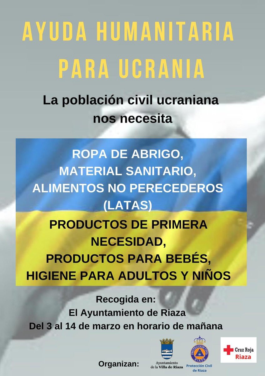 Ayuda para #Ucrania
#LasProtesCuentan y desde #Riaza gracias a la ayuda de <a href="/riaza_es/">Ayuntamiento Riaza</a> y #CruzRojaRiaza nos ponemos en marcha.