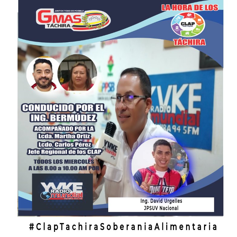 Claplastiendit1's tweet photo. #02Mar Activos desde las 8 am x 94.5 FM @YvkeTachira nuestro programa "La Hora de los Clap Táchira" con nuestro invitado el Ing. @urgelles_david miembro de la @JPSUV Nacional, envía tus mensajes de texto al 0424-2072567
#ClapTachiraSoberaniaAlimentaria @FreddyBernal https://t.co/AUus0utBM1