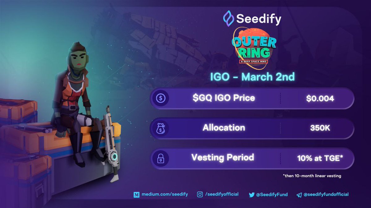 WealthMotley's tweet photo. 🎯@OuterRingMMO will have its IGO on @SeedifyFund today, March 2nd!

⏰Phase 1: 2pm - 4pm WAT
🕗Phase 2: 6pm WAT (FCFS)
💰Allocation: $350K
💵IGO Price: $0.0040
📈Listing price: $0.005
🔐Vesting: 10% TGE, 10-month linear vesting

🛸More details will be shared about listing soon https://t.co/z6nbzb0lFJ