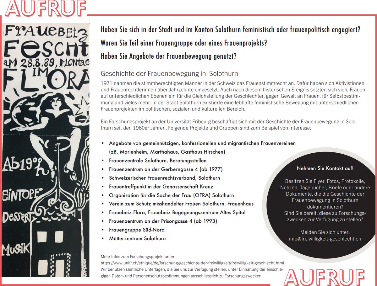bernensia's tweet photo. Geschichte Frauenbewegung #Solothurn > Aufruf: Haben Sie sich in der Stadt und im Kanton Solothurn feministisch oder frauenpolitisch engagiert? | Waren Sie Teil einer Frauengruppe oder eines Frauenprojekts? |
Haben Sie solche Angebote genutzt? > info@freiwilligkeit-geschlecht.ch https://t.co/F6o3nZ34QB