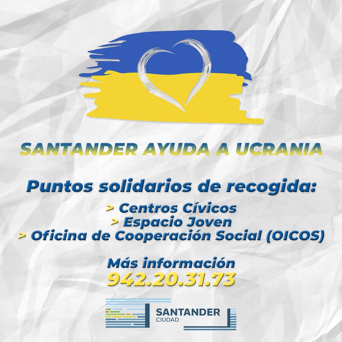 ⚠️ ¡Importante! Desde el Ayuntamiento, junto a la Asociación de Ucranianos residentes en Santander, vamos a canalizar toda la ayuda posible. ¡Nuestro corazón está con Ucrania y sus gentes! 🇺🇦

Más información 👉🏻 bit.ly/StderUcrania 👈🏻

#Santander #Solidaridad #Ucrania