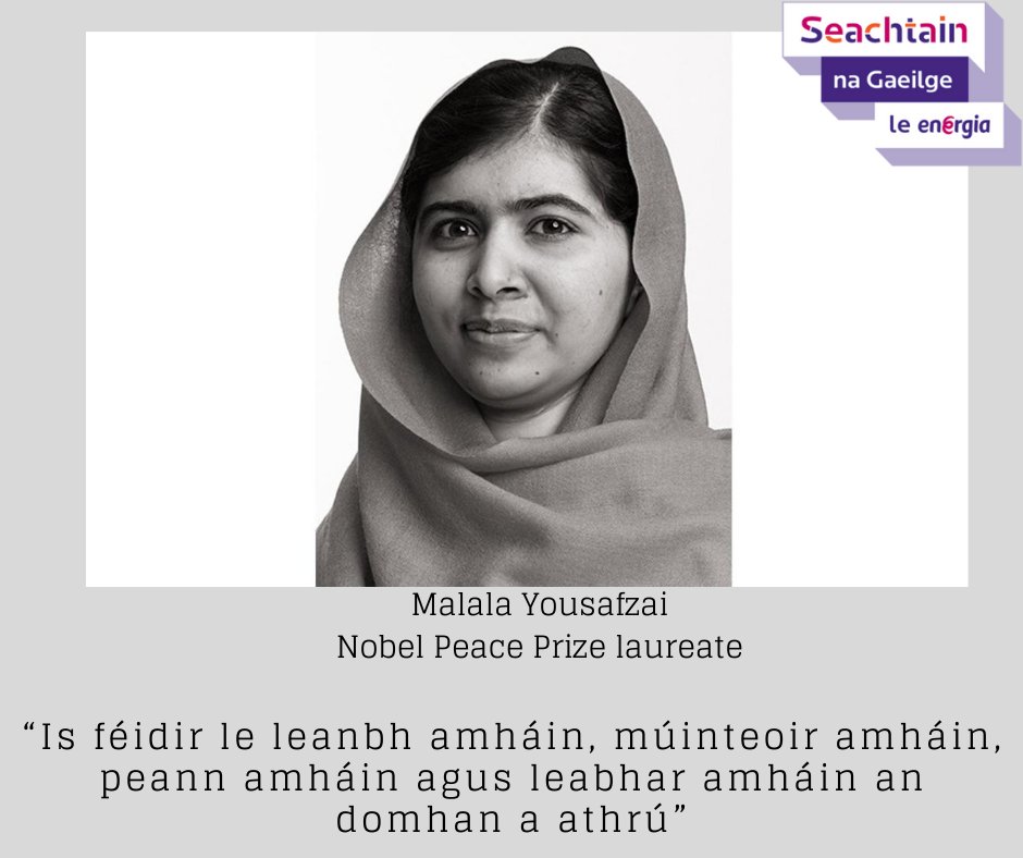"Is féidir le leanbh amháin, múinteoir amháin, peann amháin agus leabhar amháin an domhan a athrú." One Child, One Teacher, One pen and one book can change the world. 
<a href="/Malala/">Malala Yousafzai</a> Yousafzai, Nobel Peace Prize laureate
#SnaG22 #change <a href="/EDI_WIT/">SETU Equality, Diversity & Inclusion Waterford</a> <a href="/waterfordit/">OConnellSchool</a>