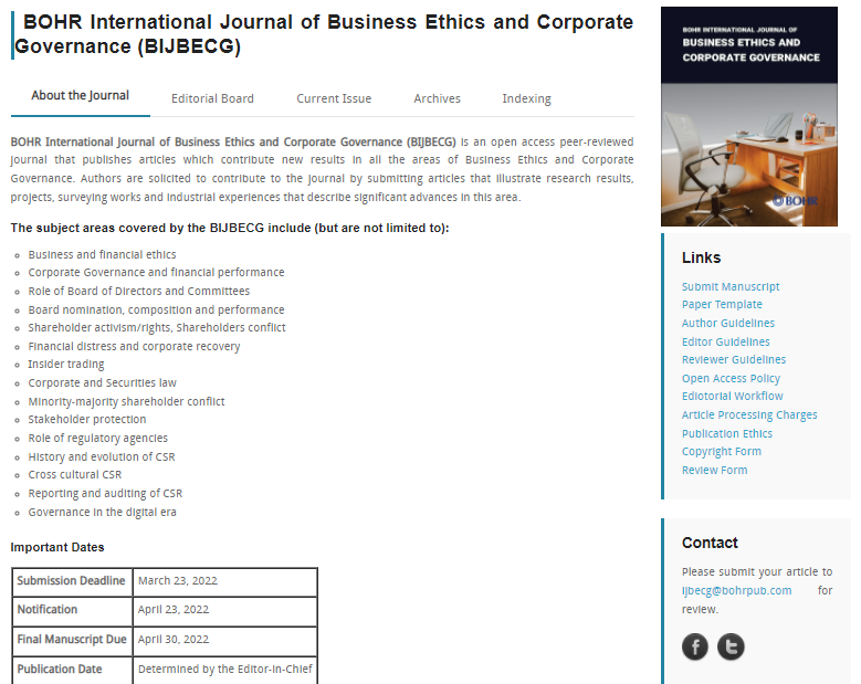 BOHR_BIJBECG's tweet photo. #BOHR International Journal of Business #Ethics and Corporate #Governance is a peer-reviewed, #Openaccess journal that publishes original research articles and review articles in all areas of #Business #law 
@chloergibbs @EconHembre @UICEconomics 
@bohrpublishers https://t.co/f9VAEIpQm5