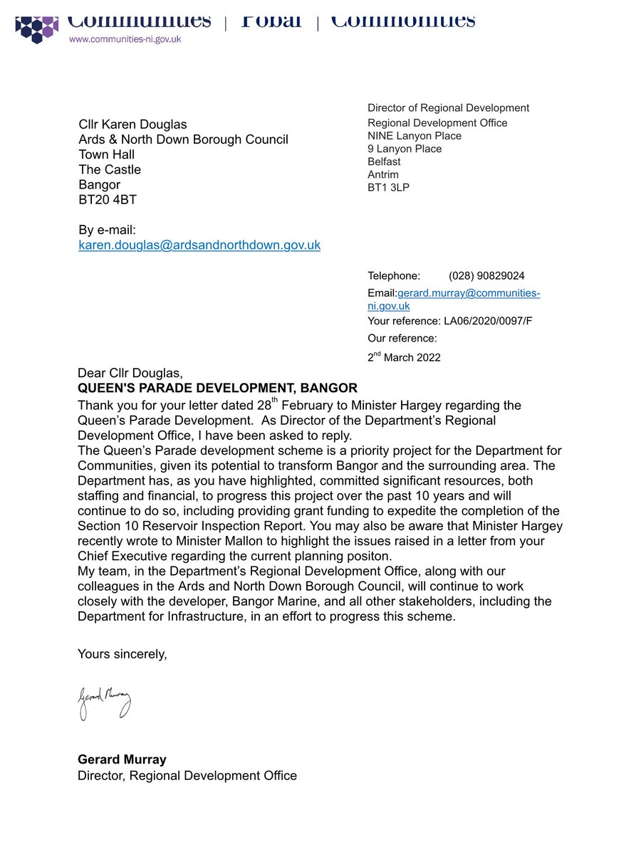 KarenDouglas_NI's tweet photo. Pleased to receive this positive letter from @CommunitiesNI today who continue to support the regeneration of Bangor Town Centre and @BangorMarine application to redevelop the Queen’s Parade site @ANDborough We still await Minister for @deptinfra to #ActNow #SupportBangor 💛💙 https://t.co/Ek7bEa4LaY