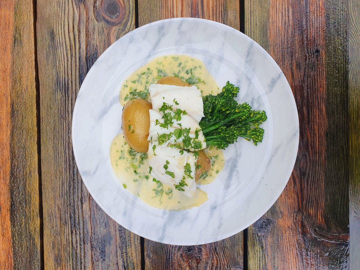 Day boat hake served with Charlotte's potatoes, posh broc &amp; beaure blanc 🐠🐠🐠