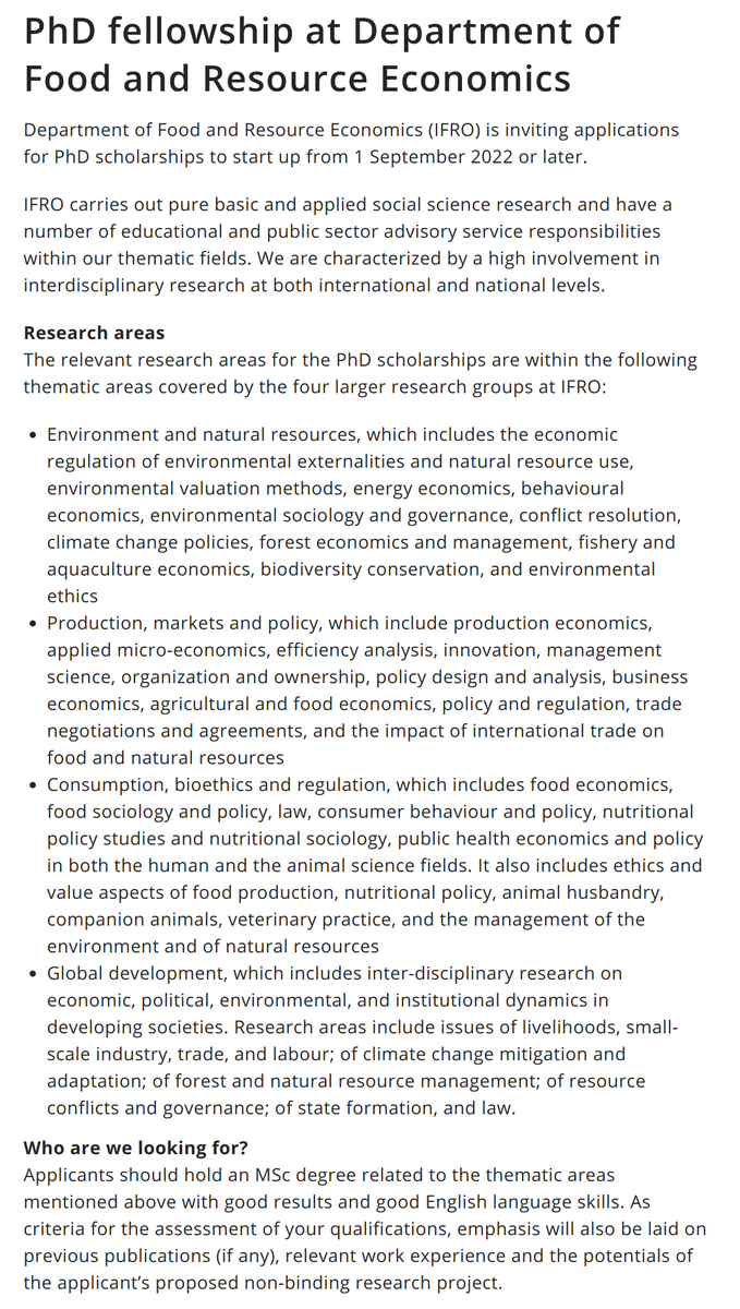 Vacancies: fully funded #PhD positions at my department @KU_IFRO @uni_copenhagen in #AppliedEconomics #AgEcon #Agricultural #Environmental #Food #Resource #Development #Economics Deadline: 19 April 2022 bit.ly/3C8tMKB #EconTwitter