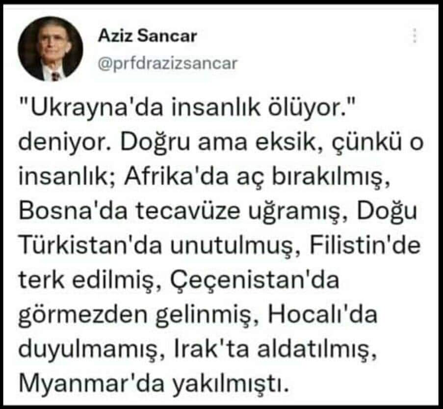 YÜREĞİNE SAĞLIK HOCAM ..!!! 👏
Ukrayna da insanlık ölüyor diyenlere Aziz Sancar'ın bu sözleri
kapak olsun .!
#Ukriane ⤵️
