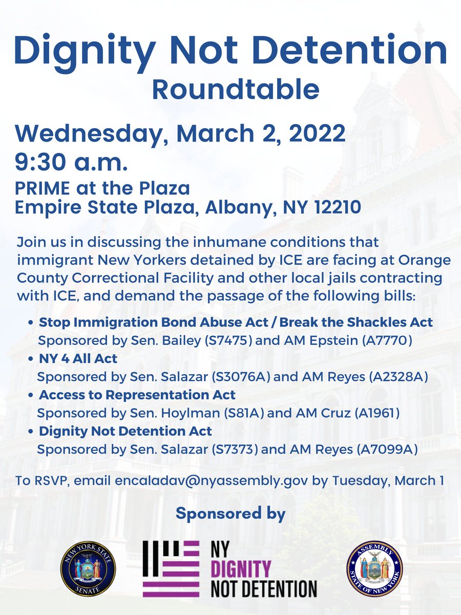 No one should have to suffer the inhumane conditions of immigration detention.

We're in Albany this morning calling on New York State legislators to pass:
✅ #DignityNotDetention
✅ #NY4All
✅ #BreakTheShacklesNY
✅ #AccessToRepresentationAct

It's time to #FreeThemAll.