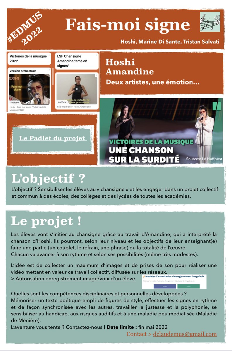 Plus de 200 étab sco 🙌🙌🙌🙌 dans toute la France ont rejoint le projet des #EdMus « Fais moi signe » de <a href="/HoshiOfficial/">Hoshi</a>  . Près de 15 000 élèves apprennent la chanson et le chansigne réalisé par Amandine. Rejoignez-nous !
Formulaire : forms.gle/SZ2xvZEApb7KMq…