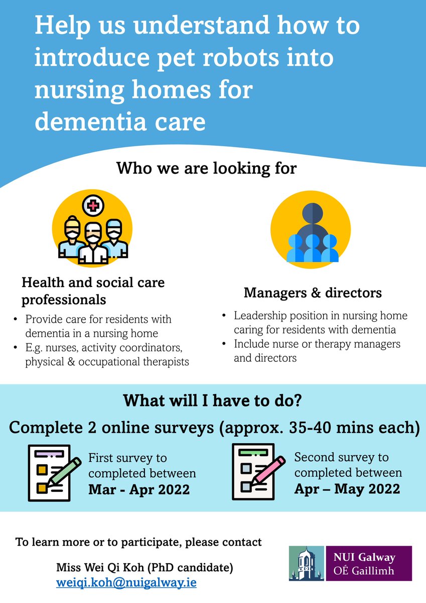 Wei Qi Koh (@weiqi_koh) on Twitter photo 📢Are you a care professional or manager with dementia care/nursing home experiences? We want to hear your thoughts, help us understand how pet robots can be implemented in nursing homes for dementia care. Do email me weiqi.koh@nuigalway.ie for more information. Please RT! 😊 📢Are you a care professional or manager with dementia care/nursing home experiences? We want to hear your thoughts, help us understand how pet robots can be implemented in nursing homes for dementia care. Do email me weiqi.koh@nuigalway.ie for more information. Please RT! 😊