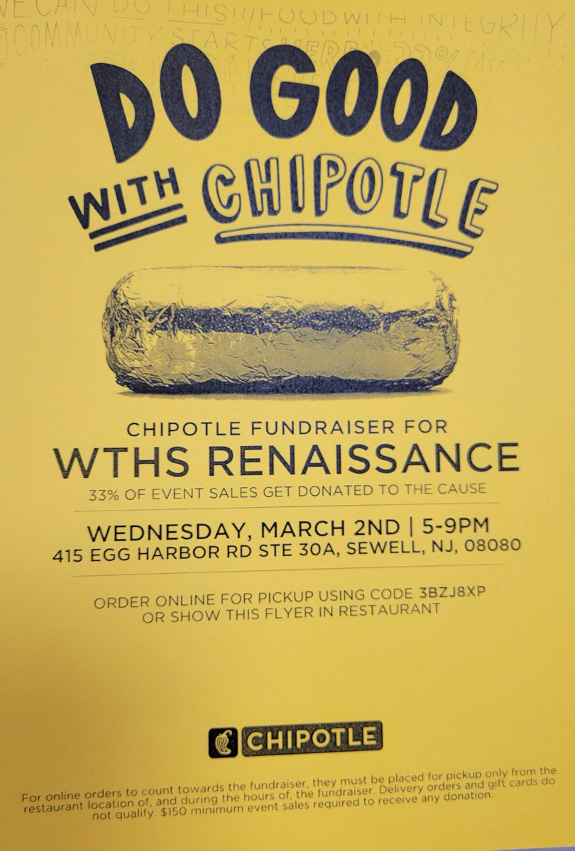 Please come out to Chipotle- Egg Harbor Rd from 5-9 pm tonight, 3/2 &amp; support WTHS Renaissance. Please help our members give back to their classmates by mentioning Renaissance when you order.
<a href="/twppride/">Jonathan Strout</a> @SuperintendWTPS