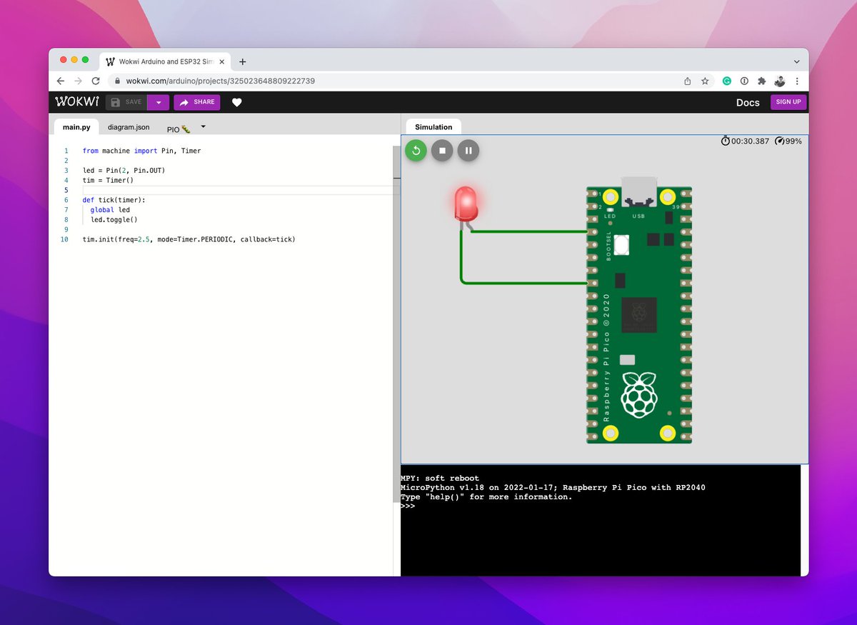 robin7331's tweet image. Fully-fledged RP2040 MicroPython simulator in the browser 😍
Including REPL, wires, LEDs, buttons, ... 👀
wokwi.com/arduino/projec…