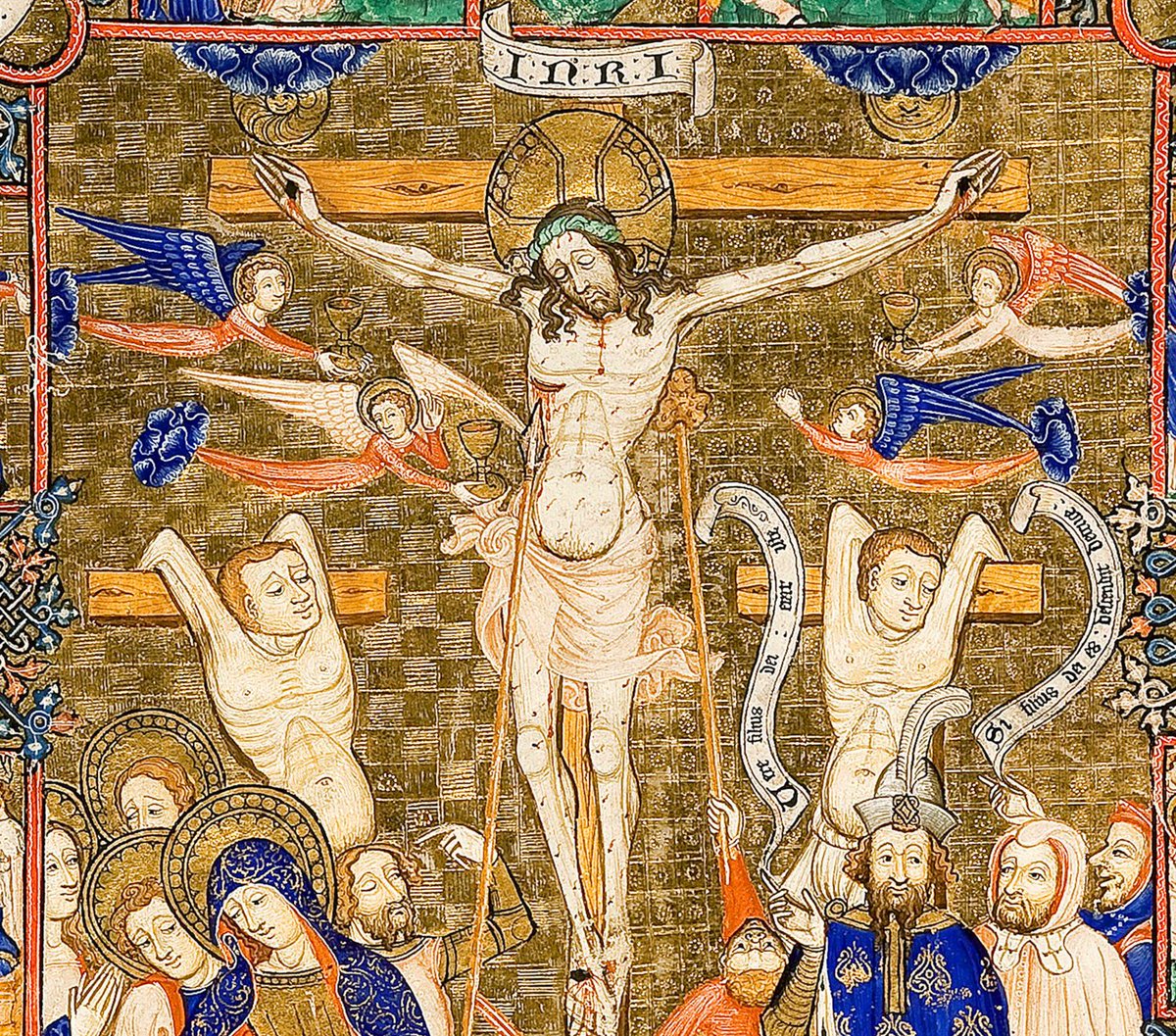 A depiction of Christ on the Cross, with two other men either side of him.