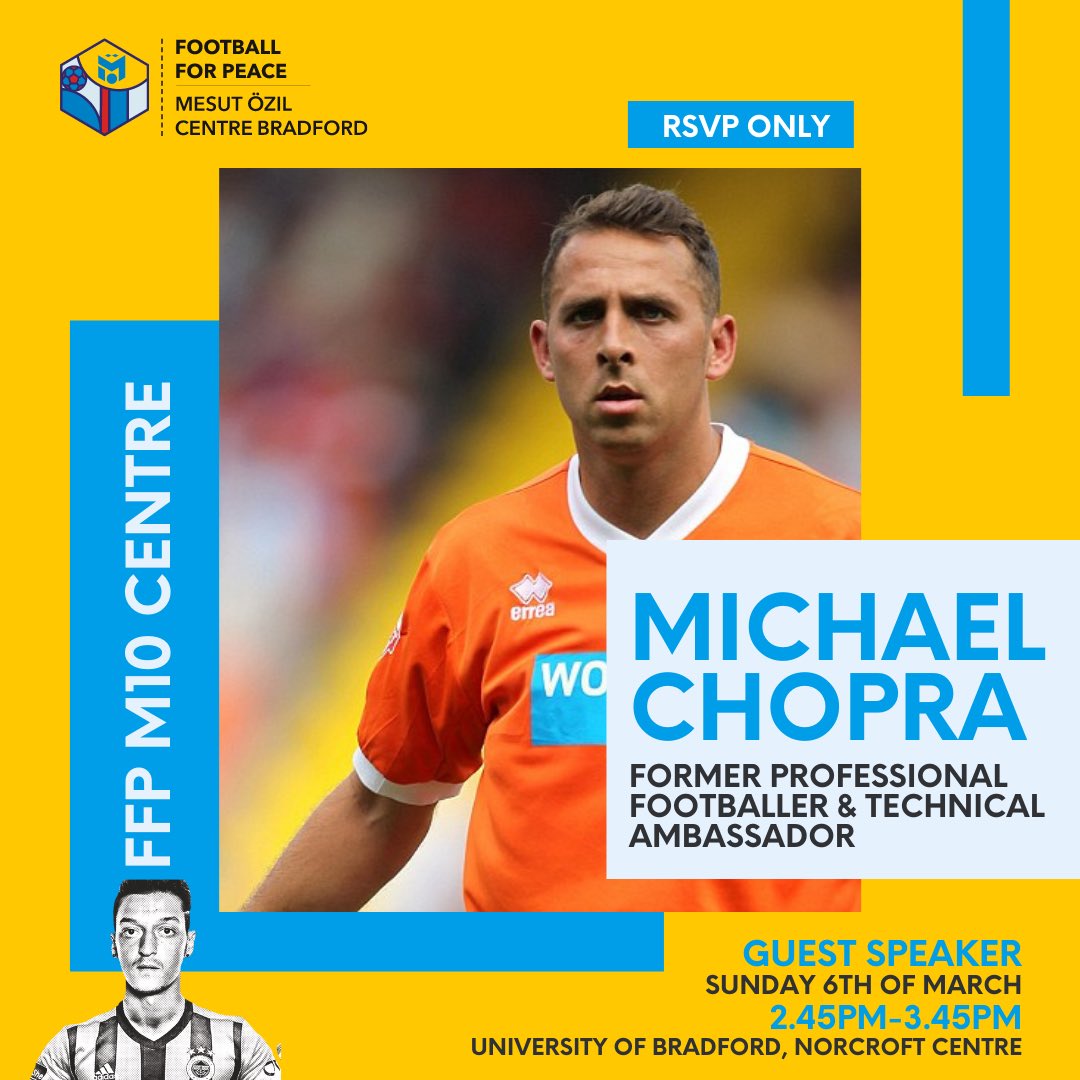 FfPCentres's tweet photo. Excited to announce @MichaelChopra, Professional Footballer and Technical Ambassador of the FfP M10 Centre, will be delivering a special Q&amp;A workshop for young people and parents at the @UniofBradford 🎯

For more information reach out to @ffpcentres / @FfP_Global ✨ https://t.co/gOG5FuFSK1