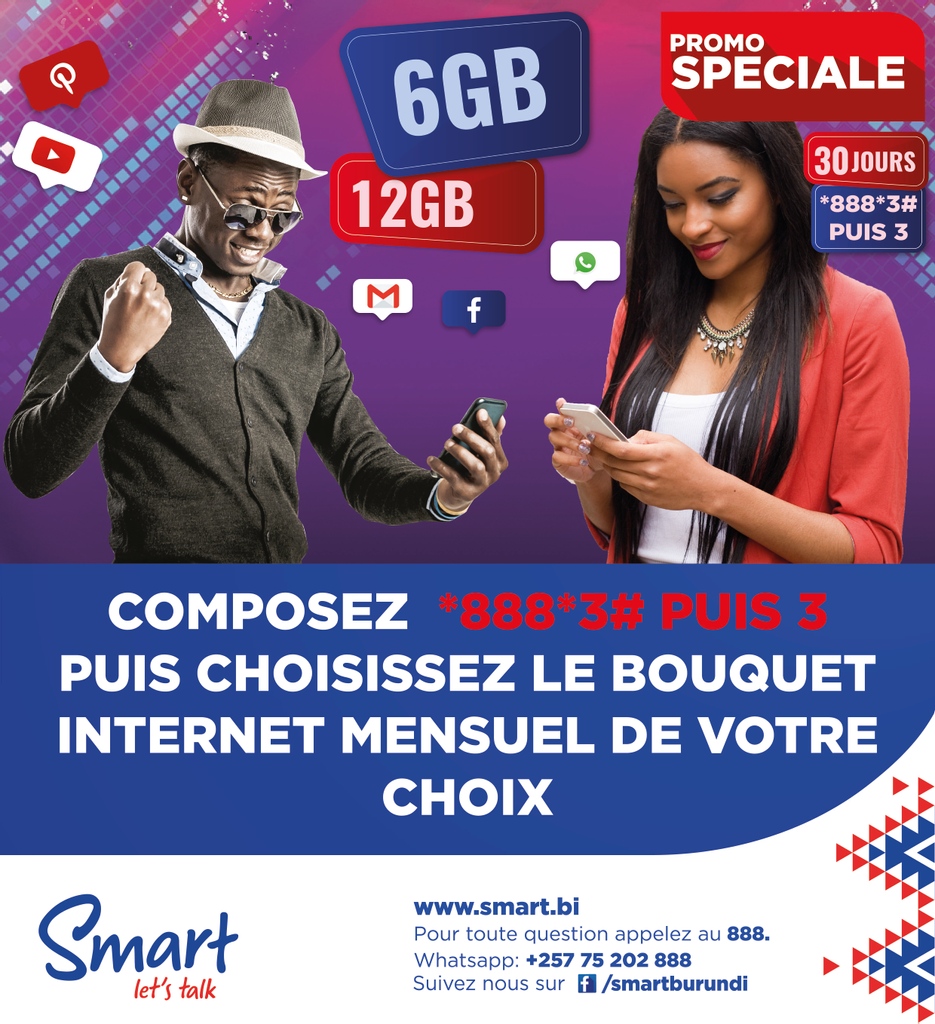 Promo Spéciale.
Composez *888*3# puis choisissez l'option 3 pour activer le bouquet Internet mensuel de votre choix.
#Smartburundi
#Burundi