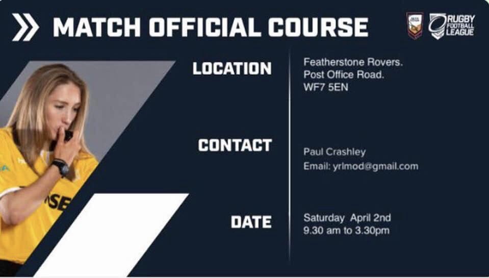🚨Match Official Courses🚨

💻Virtual Course
📆 Monday 7th March

📍Featherstone Rovers
📆 Saturday 2nd April

💻Virtual Course
📆 Tuesday 12th April

💻Virtual Course
📆 Monday 9th May 
 
Details on how to register below 👇

rugby-league.com/get-involved/m…

#GiveitaTRY🏉
