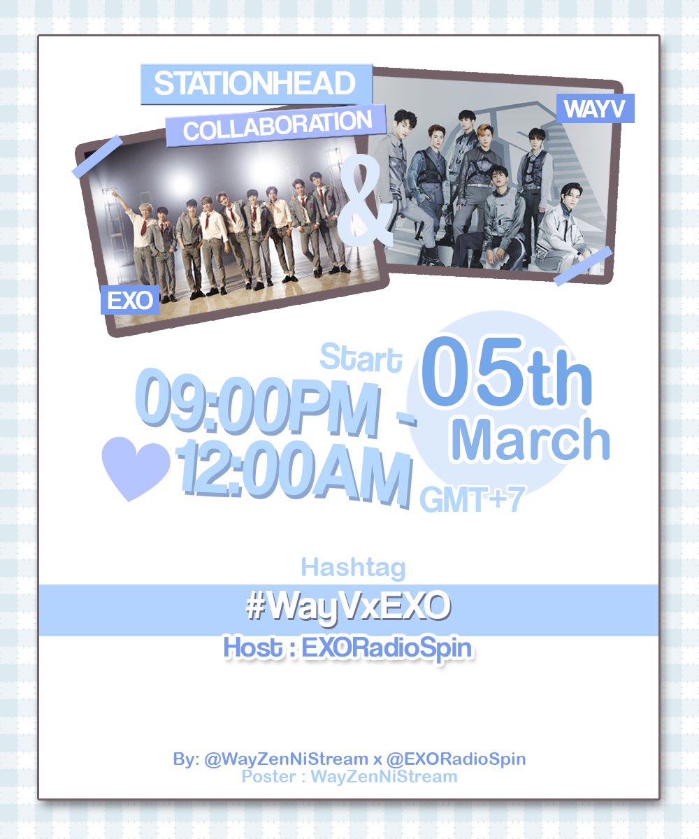 WayZenNiStream's tweet image. [@STATIONHEAD - WayV x EXO]

By: @WayZenNiStream x @EXORadioSpin x @EXOWWStream  

✨Host:EXORadioSpin
#WayVxEXO

⏰วันที่ : 5 Mar
⏳21.00 - 00.00 น. (ไทย)

ครั้งแรกกับการบุกบ้าน EXO-L!! มาร่วมสตรีมกันเยอะๆนะคะ 🤍

#WayV #EXO 
#WayVxSTATIONHEAD