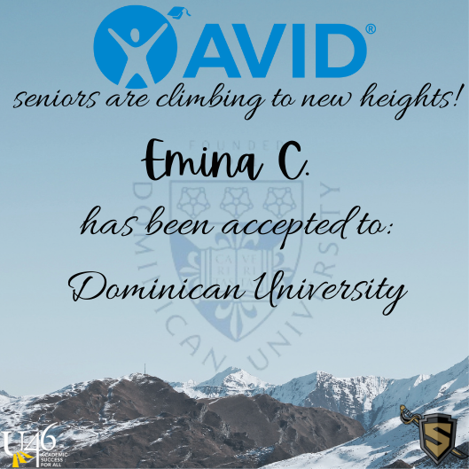 SHSAVIDFAM1's tweet photo. Start your Hump Day off by congratulating SHS AVID Senior Emina C. for getting accepted.
Congrats Emina!!! https://t.co/UIzzSbnasX