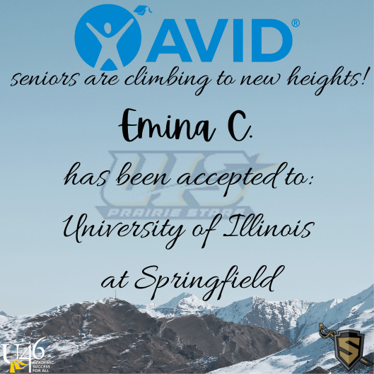 SHSAVIDFAM1's tweet photo. Start your Hump Day off by congratulating SHS AVID Senior Emina C. for getting accepted.
Congrats Emina!!! https://t.co/UIzzSbnasX