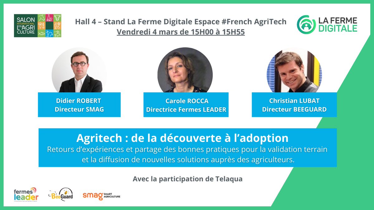 [Conference #SIA2022] ➡️ #AgriTech de la découverte de #solutions #innovantes à l’adoption sur le terrain par les #agriculteurs 📲🌾🚜 avec <a href="/ddierRobert/">Didier Robert</a> <a href="/CaroleRocca/">Carole ROCCA</a> et Christian Lubat <a href="/MyBeeGuard/">BeeGuard</a> 

📍RDV vendredi 4/03 a 15h Hall 4 stand de la <a href="/FermeDigitale/">La Ferme Digitale</a> 😊 #FrenchAgriTech