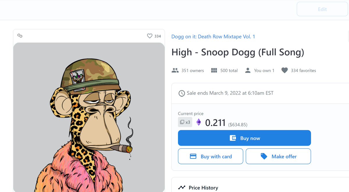 NFTBullShill's tweet photo. I just bought this gem- the combination of limited supply, legendary artist, and this being the first official NFT song Snoop released; this will be a great investment :-) 

 @SnoopDogg @deathrowmusic #doggonit #NFTCollection #shilling https://t.co/jmyCt4tvOF