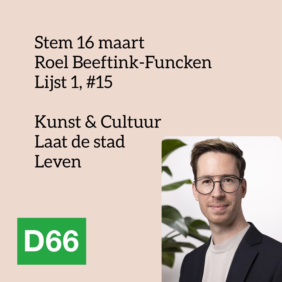Op 16 maart mogen we naar de stembus. Een groot goed.  Ik ben kandidaat voor <a href="/D66Leiden/">D66 Leiden</a>. Met mijn motto "Kunst &amp; Cultuur laat de stad leven" wil ik mij de komende vier jaar inzetten voor deze prachtige stad. Lees meer over mij op d66.nl/leiden/roel. En stem 16 maart! #gr22