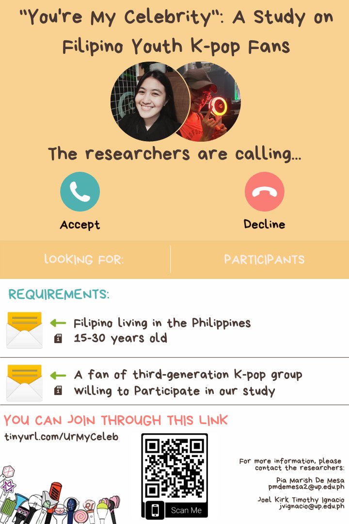 skrrtskrrtPH's tweet photo. [CALL FOR PARTICIPANTS]

Are you a K-pop fan? YES OR YES!
If you are, then COME AND GET IT with us as we discover more about the everyday life and experiences of our fellow fans. https://t.co/CHJeNcJdpr