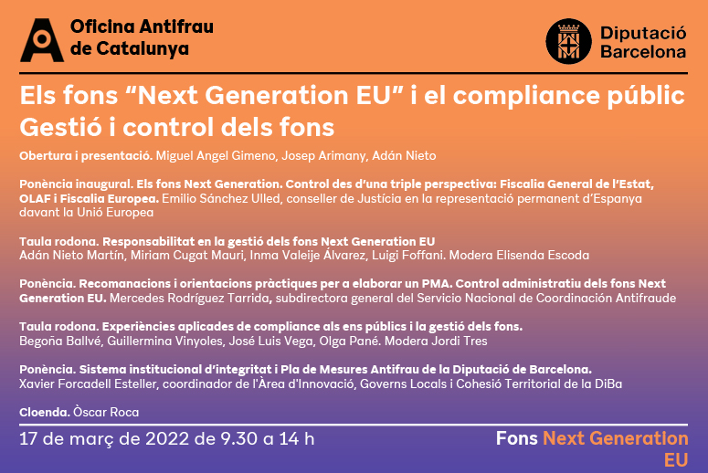 antifraucat's tweet photo. 📢Ja estan obertes les inscripcions per al webinari 'El fons Next Generation EU i el compliance públic. Gestió i control dels fons', que organitzem amb la @diba.
📆dijous, 17 de març
🕒9.30 a 11.30h
https://t.co/HoLxV5MXag https://t.co/NAKprUIS92