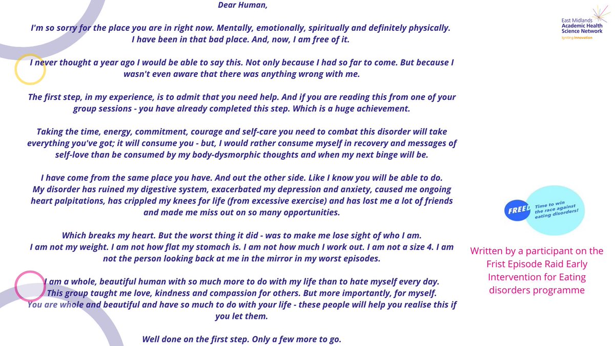 To mark <a href="/beatED/">Beat</a> eating disorders awareness week - A participant on the @freedfromED programme shared a letter for anyone struggling with an eating disorder. This is a @AHSNNetwork supported intervention &amp; we are supporting rollout across the #EastMidlands:
emahsn.org.uk/news-blog/late…