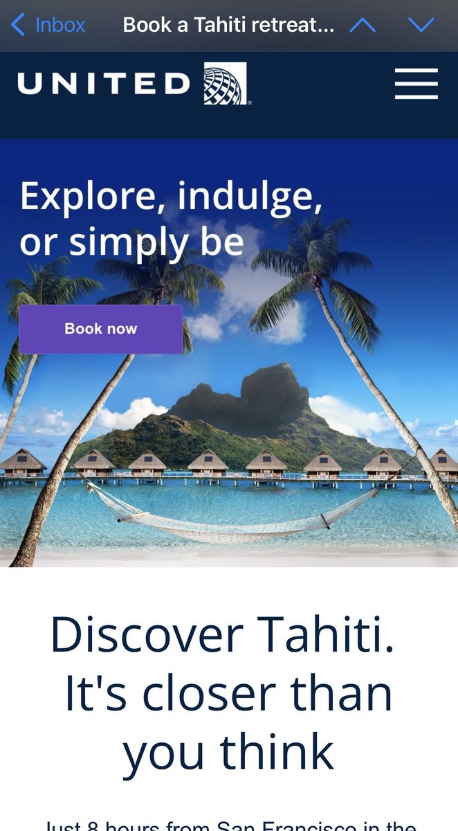 JessEdwards1130's tweet photo. Found this email in my inbox today.📨 @united is trying to convince me to take a trip to Tahiti. If I could, I would 😆 https://t.co/fmNqemmgUg