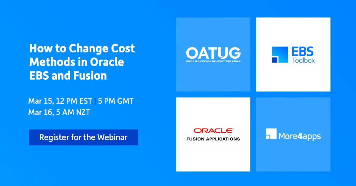 More4apps (@more4apps) on Twitter photo Want to learn the secrets to Costing Methods in Oracle EBS and Fusion? Click the link to register for our upcoming webinar. 👉 bit.ly/35IOcO0
#OracleEBS #OracleFusion #More4Apps #OATUG #Webinar Want to learn the secrets to Costing Methods in Oracle EBS and Fusion? Click the link to register for our upcoming webinar. 👉 bit.ly/35IOcO0
#OracleEBS #OracleFusion #More4Apps #OATUG #Webinar