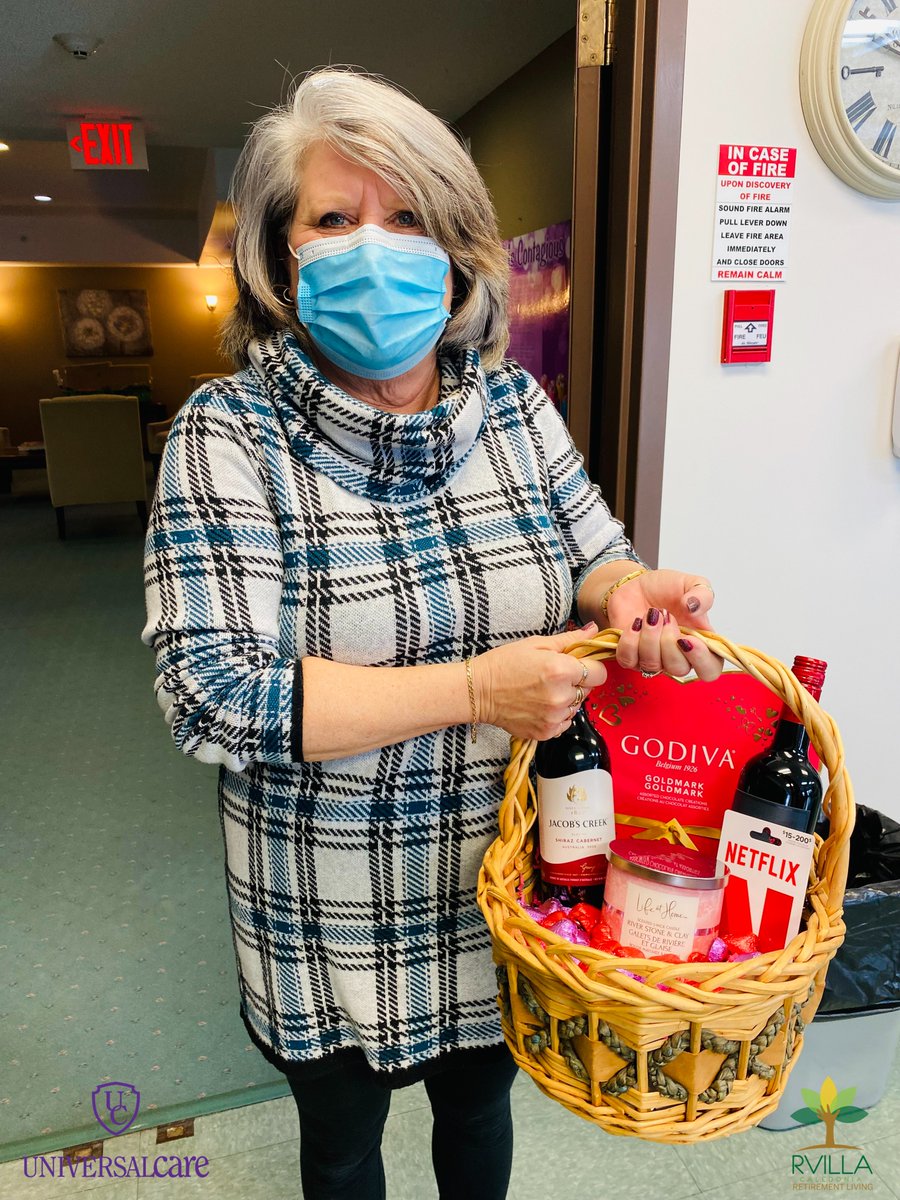 RVilla_C339's tweet photo. The winner of our Valentine’s Day Basket was our lovely Hairdresser, Lucille! Congratulations! #RVillaCaledonia #UniversalCare https://t.co/pYWFV0T1ZS
