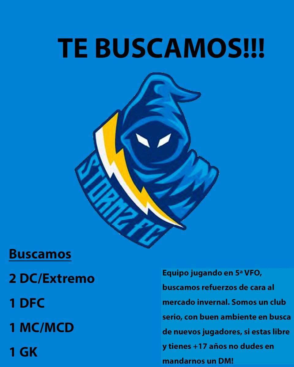 FcStormz's tweet photo. TE BUSCAMOS!

De cara a preparar la siguiente temporada, buscamos refuerzos en las siguientes posiciones:
- 1 DC
- 1 EXTREMO
- 1 MC/MCD
- 1 GK
- 1 DFC/Lt
Vamos a competir en 2 VPG, 3 PLG Y 5 VFO
Interesados MD.

@AyudasCPro @AyudasClubesPro @Ayudas_clubes @_chocolate3000 https://t.co/xWmFFfgmnI