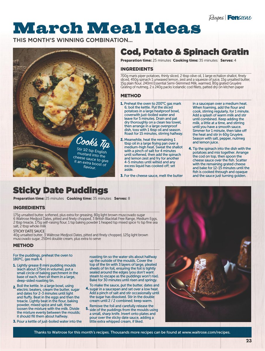 Fen_SCENE's tweet photo. March Meal Ideas
This months winning combination...
Cod, Potato & Spinach Gratin
Sticky Date Puddings
@waitrose
#fenscenerecipes #FoodForThought #NewRecipes #mealideas #TastyTreats https://t.co/BR3ep9RdX9