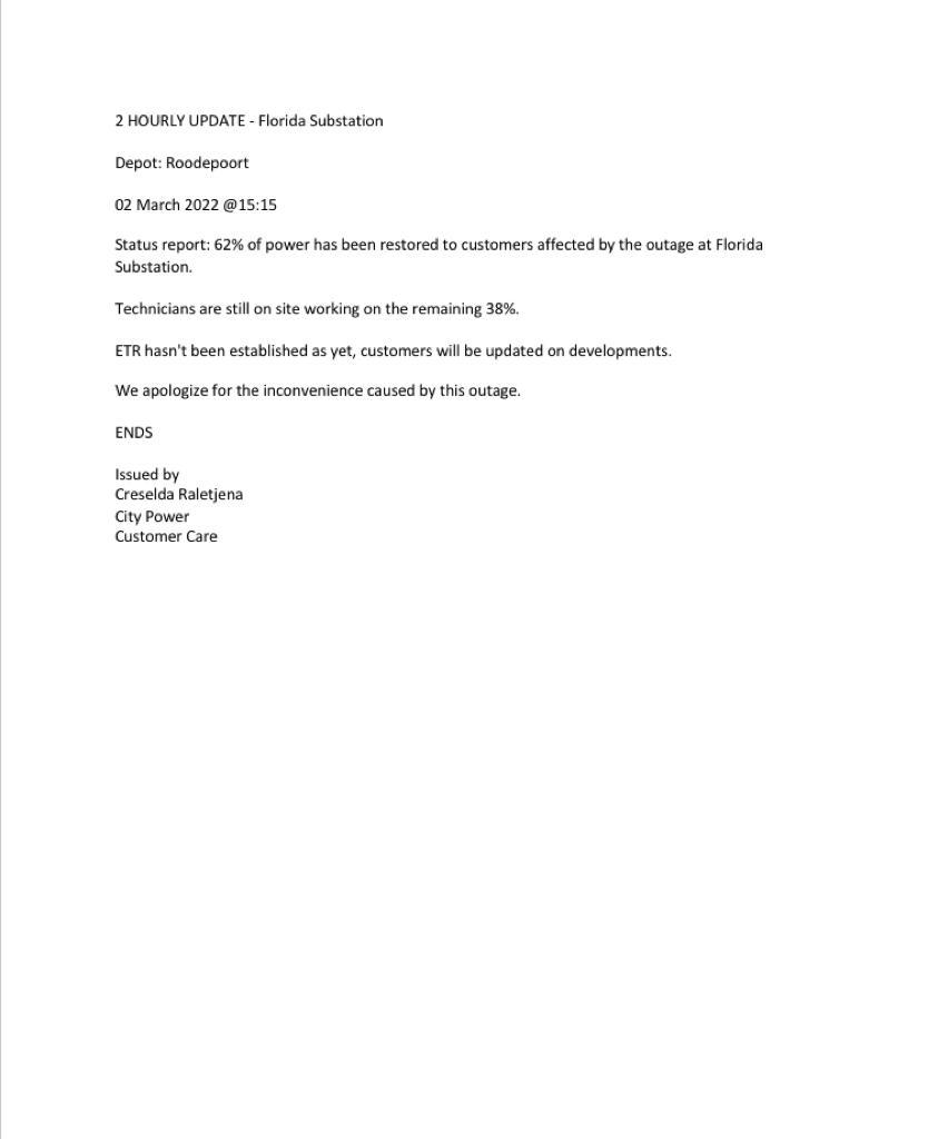 CityPowerJhb's tweet photo. #JoburgUpdates #JoburgServices #FloridaSubstation
62% of power restored to customers affected by the outage at Florida Substation.
Kindly note that power will remain off until fully restored. ^GR https://t.co/IkZ6vpAsiL