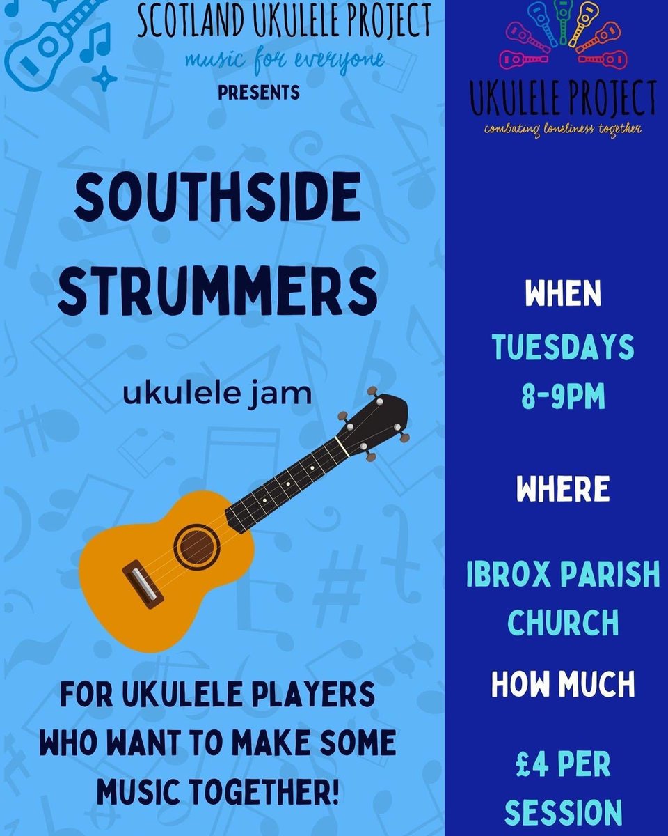 UkeScot's tweet photo. Our Tuesday night jam sessions will now take place from 8pm-9pm. We’d love to see you there if you can make it. #UkeJam #Glasgow https://t.co/XtNuZrjjdI