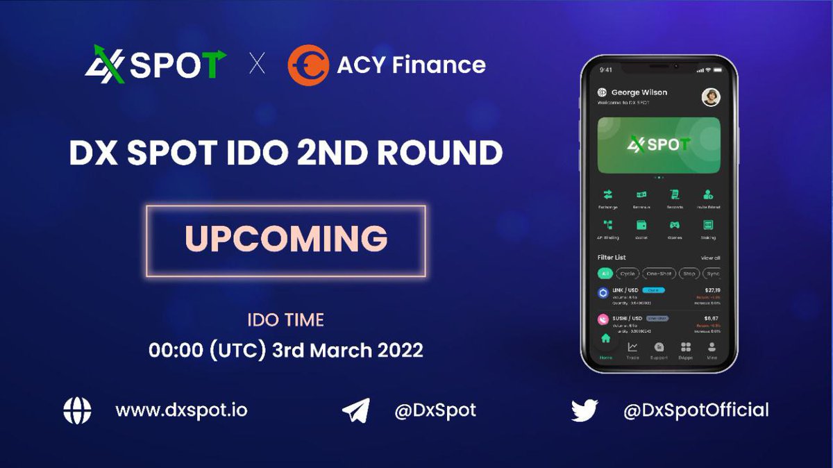 We are Happy to announce the 2nd round IDO on <a href="/ACYFinance/">ACY Finance</a> 🎊

⏰ Start on 3rd March 2020 (00:00 UTC) 

📌 IDO link:
app.acy.finance/#/launchpad/pr…

📜 IDO Rules:
- No need to hold/ stake ACY, it's FCFS. 
- Prepare USDT (BEP20) to buy.
- Random allocation max 1.000 USDT