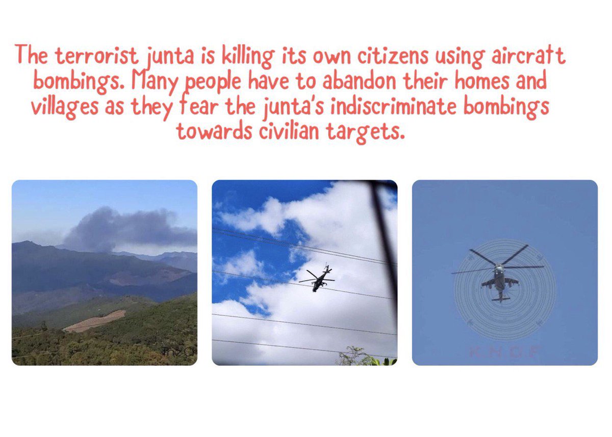 The terrorist junta is killing its own citizens using aircraft bombings. Many people have to abandon their homes and villages as they fear the junta's indiscriminate bombings towards civilian targets. #SanctionAviationFuel