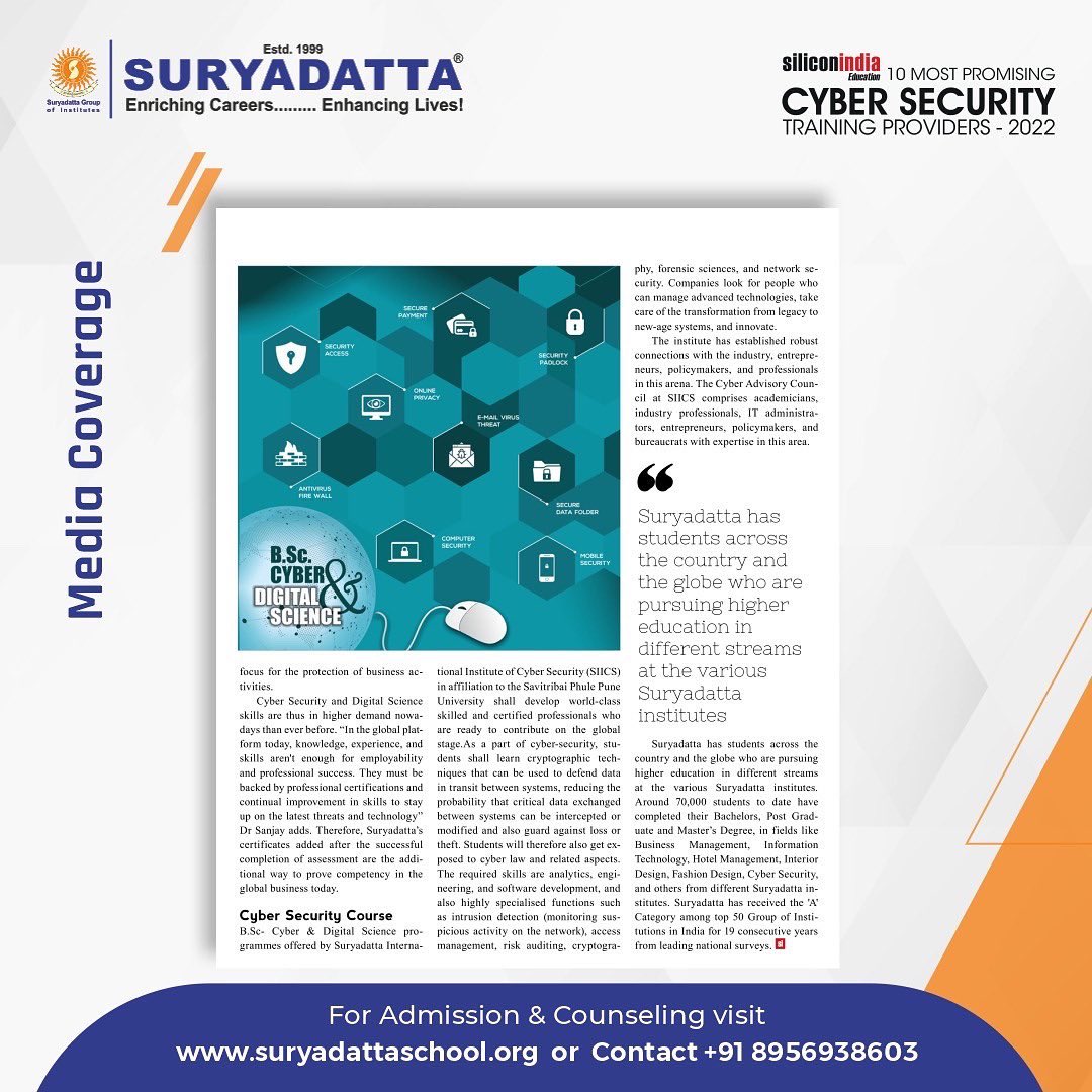 Suryadatta_Pune's tweet photo. Suryadatta Education Foundation is proud to announce that SIICS has been shortlisted by Siliconindia Magazine as 10 Most Promising Cyber Security Training Providers 2022

#cybersecurity #bsccybersecurity #cybersecuritytraining #cybersecuritycollege #siliconindiamagazine https://t.co/VptaeCxEll