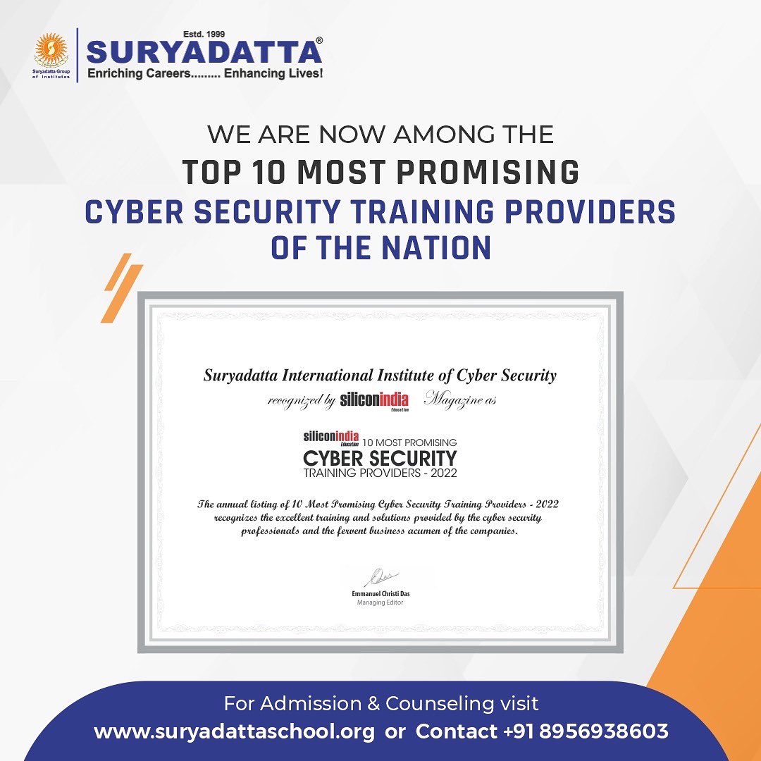 Suryadatta_Pune's tweet photo. Suryadatta Education Foundation is proud to announce that SIICS has been shortlisted by Siliconindia Magazine as 10 Most Promising Cyber Security Training Providers 2022

#cybersecurity #bsccybersecurity #cybersecuritytraining #cybersecuritycollege #siliconindiamagazine https://t.co/VptaeCxEll