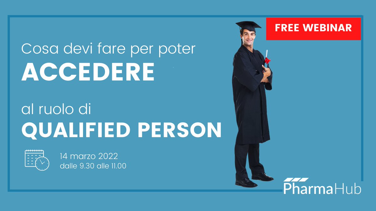 Partecipa al #FreeWebinar - Accesso al ruolo di #QualifiedPerson - requisiti legali e tecnici per ricoprire il ruolo all’interno delle aziende farmaceutiche. 14 marzo 2022

👉 REGISTRATI ORA FOR FREE: lnkd.in/dQQE6rZH

👉 Scopri di più: lnkd.in/d-knkzAz

#qp
