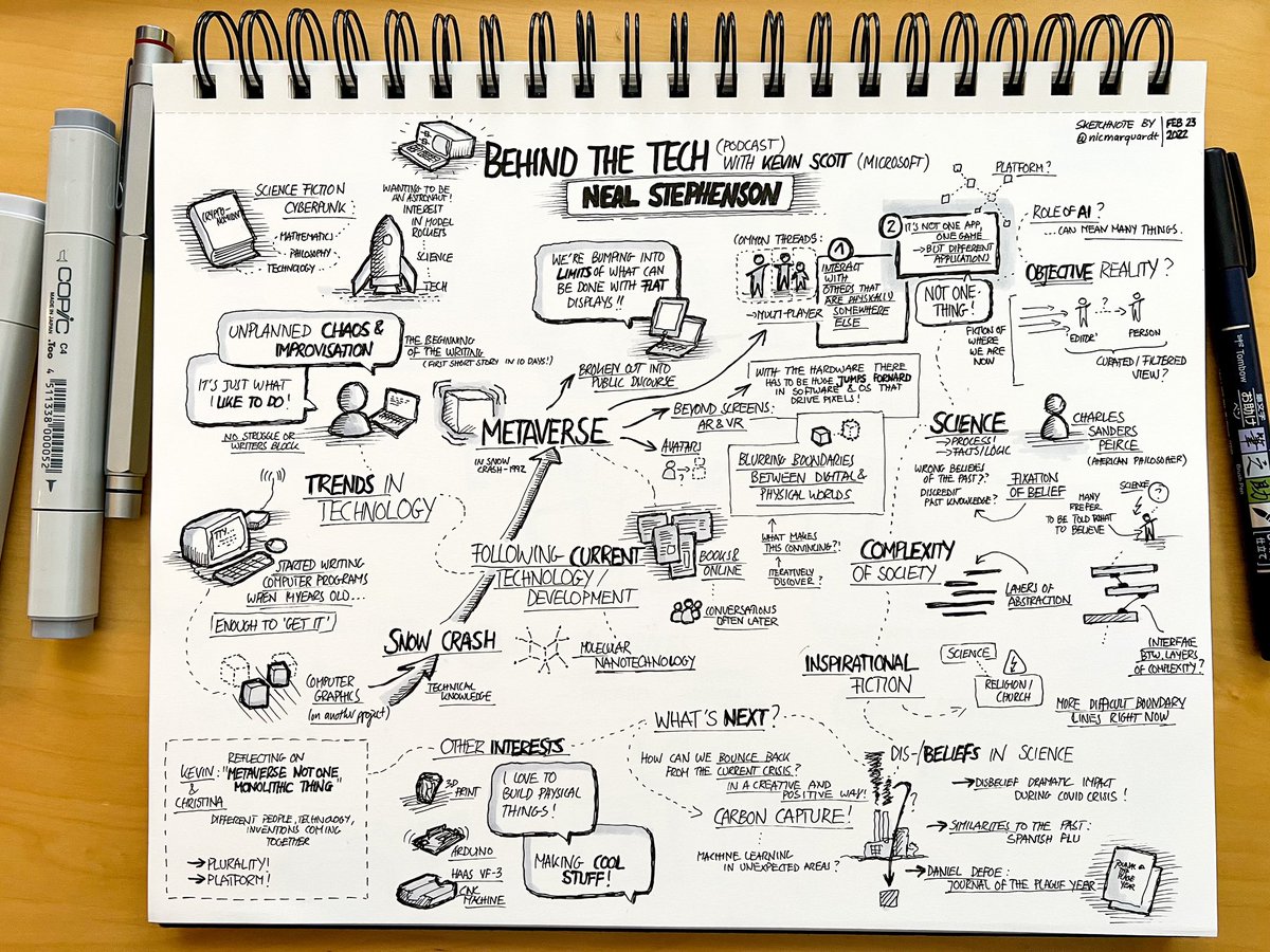 Notes from the inspiring podcast conversation of <a href="/kevin_scott/">Kevin Scott</a> with author <a href="/nealstephenson/">Neal Stephenson</a>: fascinating thoughts about fiction and society, plurality of the metaverse, addressing carbon capture, all the way to building physical things with CNC machines. #sketchnotes